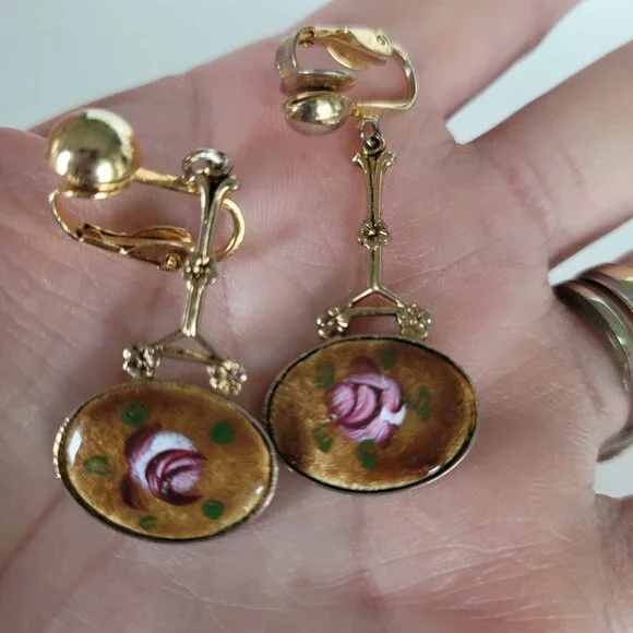 Art Noveau Cloissone Floral Dangle Drop Earrings Gold Tone - Picture 4 of 10